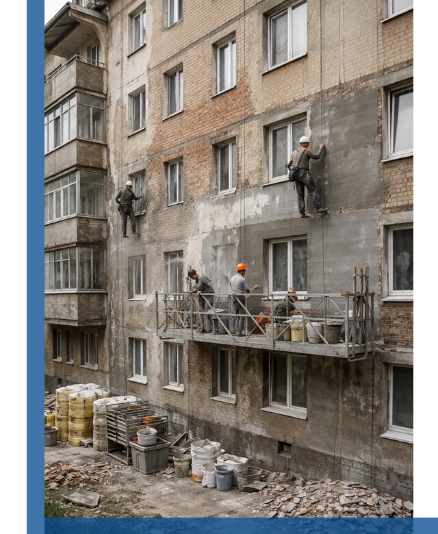 Капитальный ремонт фасада в Зеленокумске с восстановлением и гидроизоляцией