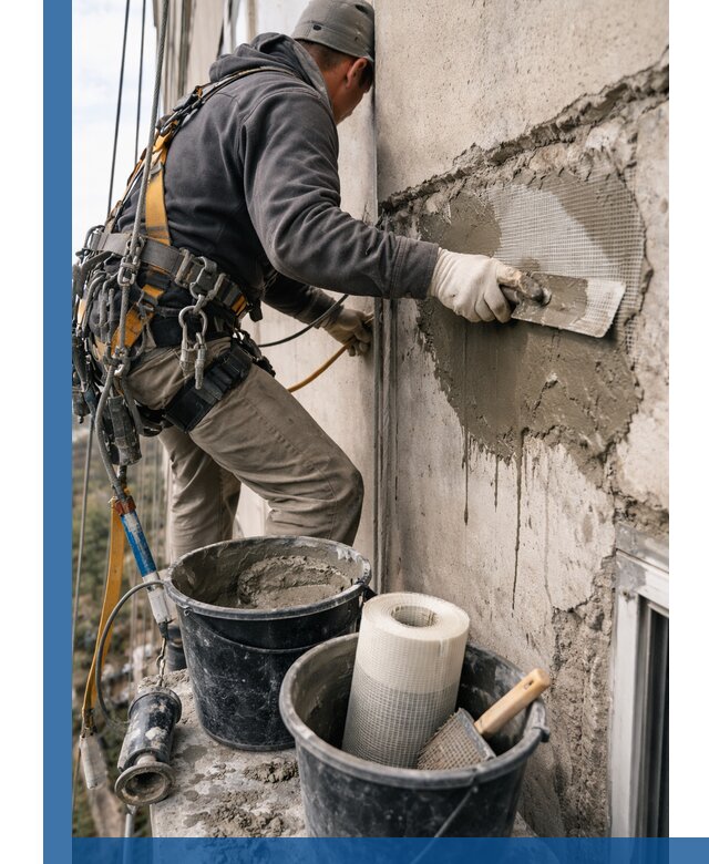 Ремонт бетонных элементов фасада промышленными альпинистами в Зеленокумске