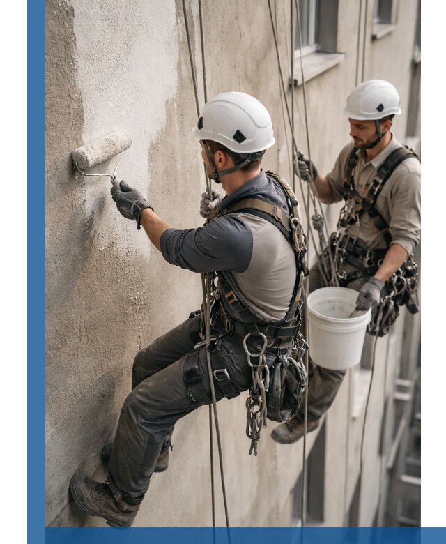 Грунтовка фасада на высоте в Зеленокумске промышленными альпинистами