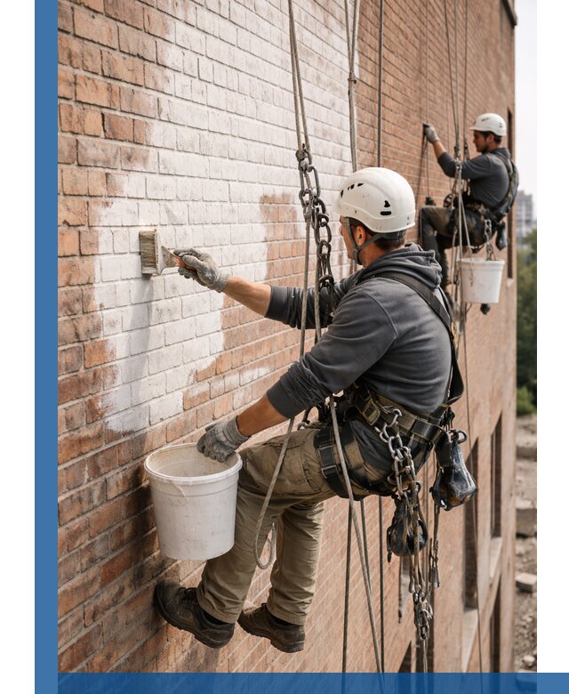 Покраска кирпичного фасада с доступным альпинистским сервисом в Зеленокумске
