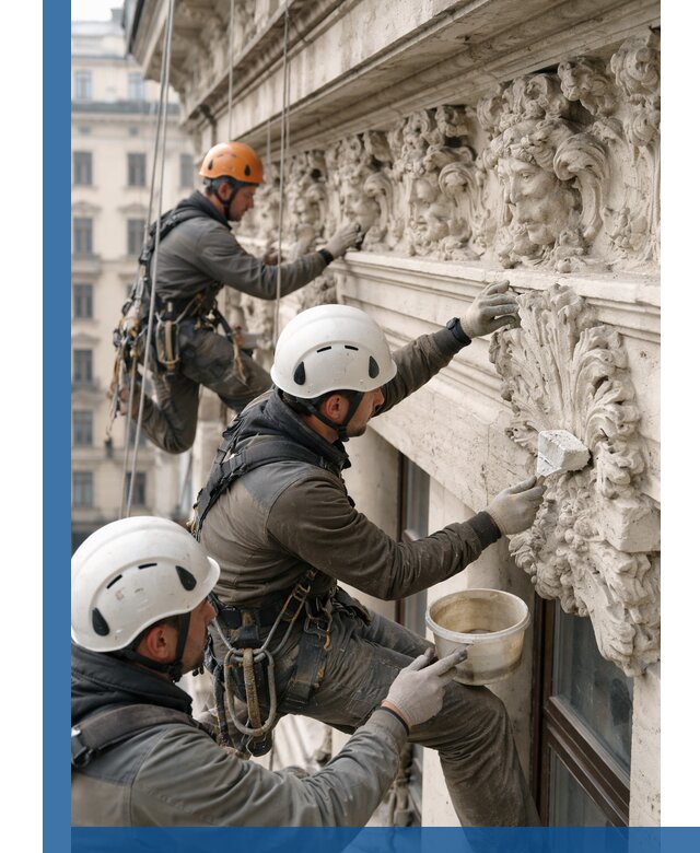 Реставрация фасадной лепнины с высотными работами в Зеленокумске