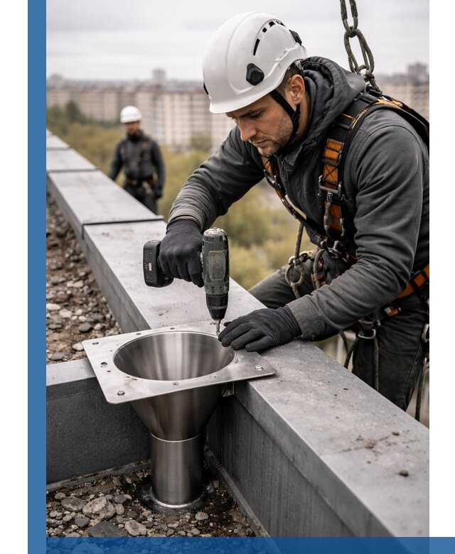 Монтаж водосточных воронок в Зеленокумске для промышленных зданий