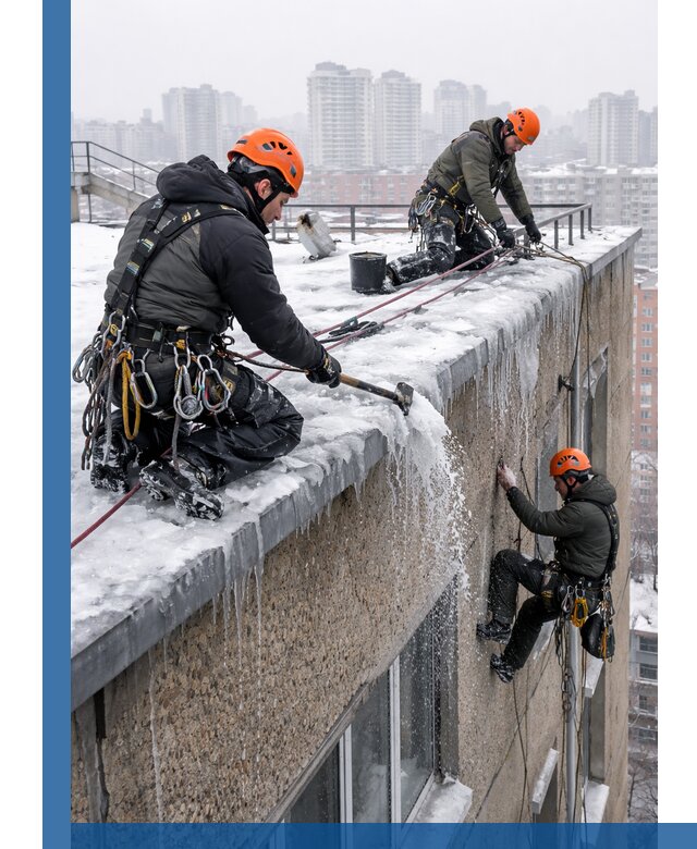 Удаление наледи с кровли в Зеленокумске промышленными альпинистами