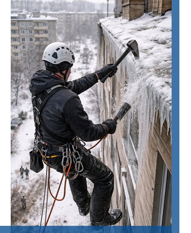 Сбивание сосулек с крыши в Зеленокумске по цене от 4582 р. | ВЫСОТНИК-Злм