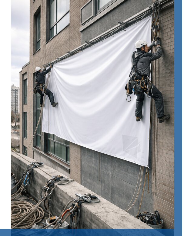 Монтаж баннеров на фасаде в Зеленокумске от 662 р. заказать ВЫСОТНИК-Злм