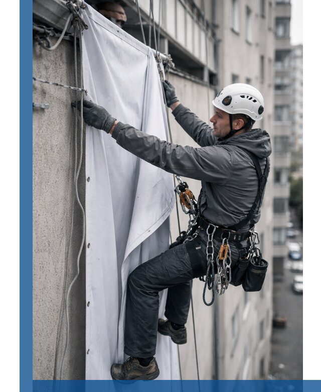 Замена баннерного полотна промышленными альпинистами в Зеленокумске