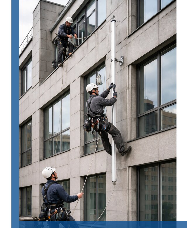 Монтаж флагштока на фасаде здания с креплением и герметикой в Зеленокумске