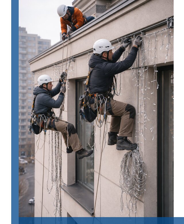 Монтаж праздничных гирлянд на фасаде в Зеленокумске для зданий