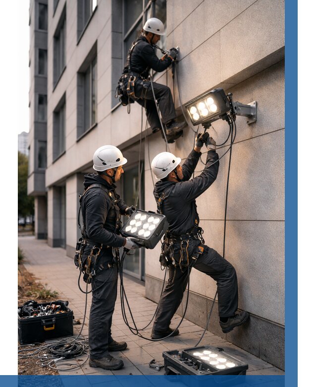 Монтаж прожекторов на фасаде в Зеленокумске от 7637 р. | ВЫСОТНИК-Злм