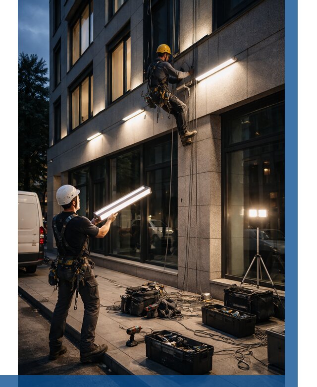 Монтаж архитектурной подсветки здания в Зеленокумске от 2546 р.|ВЫСОТНИК-Злм