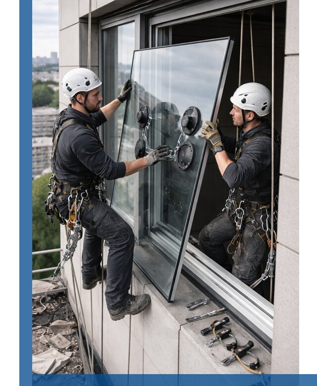 Замена стеклопакетов на высоте с промышленными альпинистами в Зеленокумске