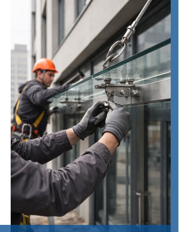 Монтаж стеклянных козырьков в Зеленокумске от 8655 р. | ВЫСОТНИК-Злм