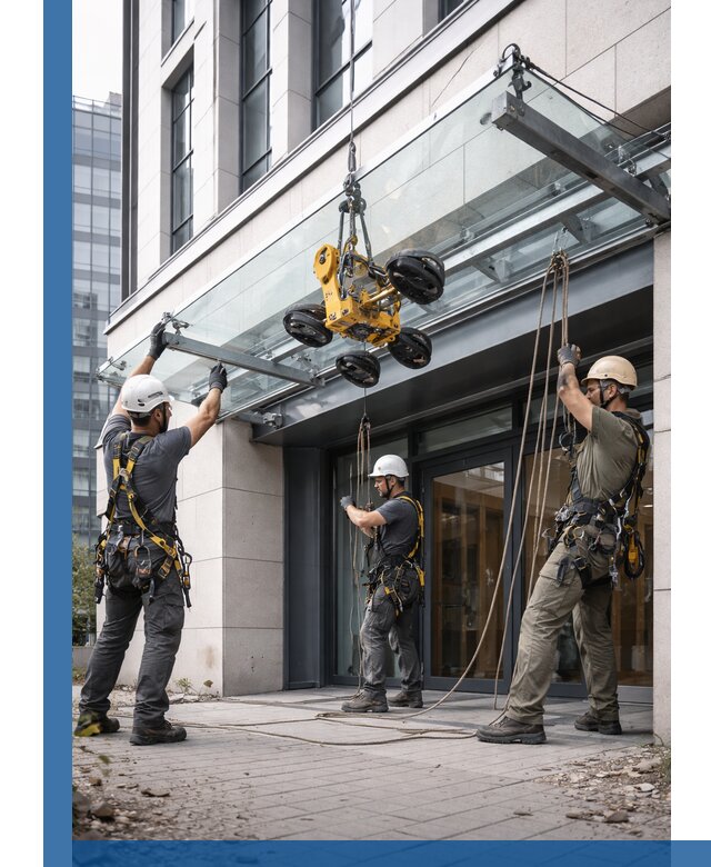 Монтаж стеклянных козырьков под ключ в Зеленокумске для зданий