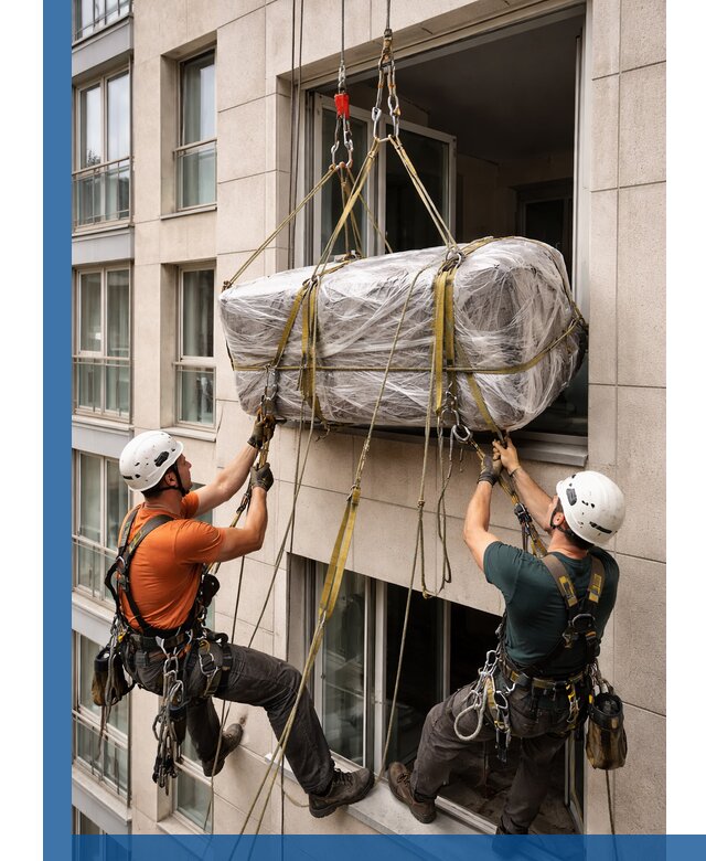 Подъем грузов через окно в Зеленокумске промышленными альпинистами