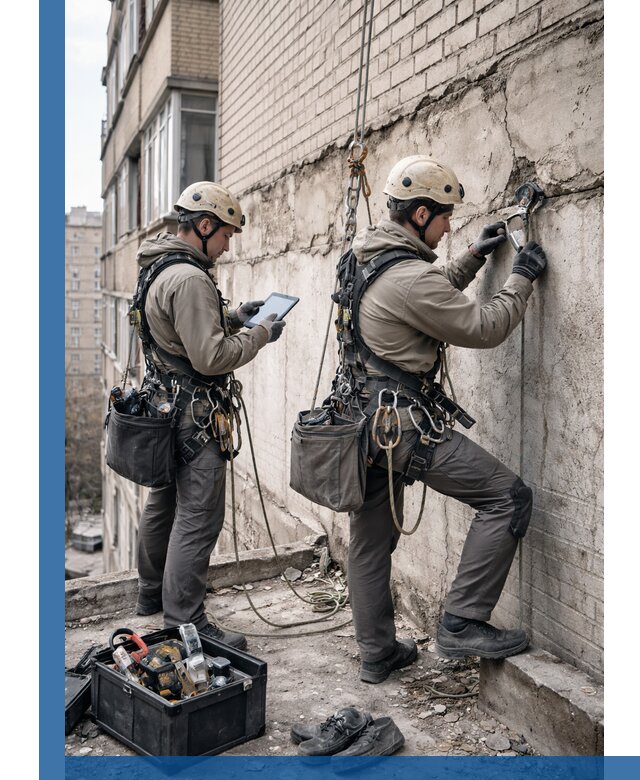 Обследование фасада промышленными альпинистами в Зеленокумске